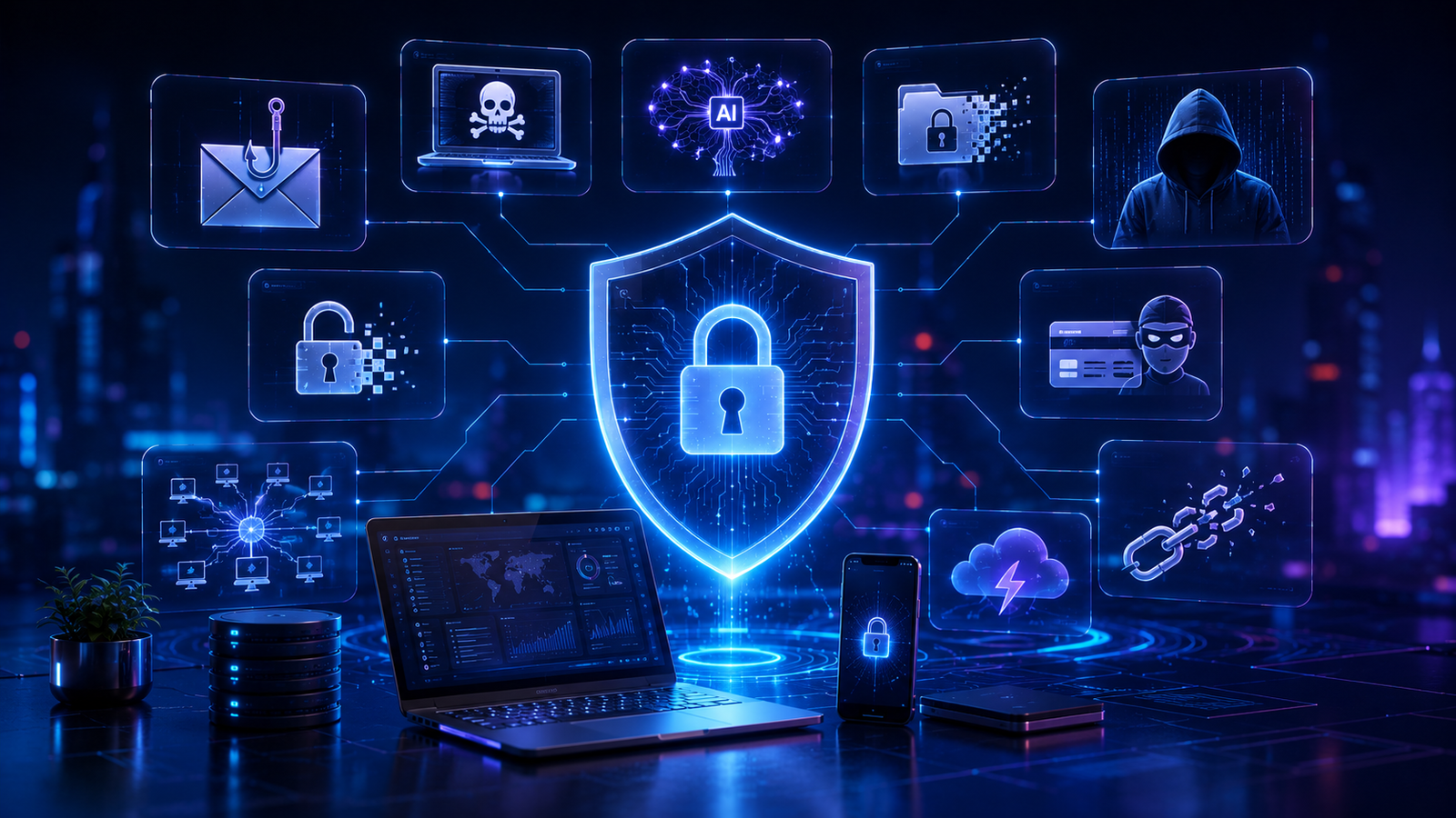 Illustration of major cybersecurity threats in 2026 and online protection