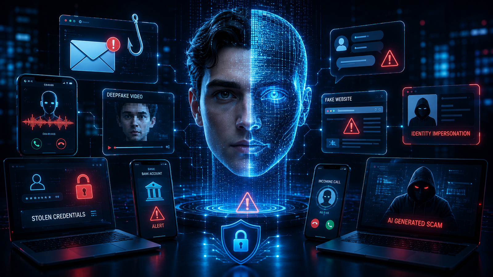 AI scams in 2026 showing deepfake phishing and online fraud warning signs
